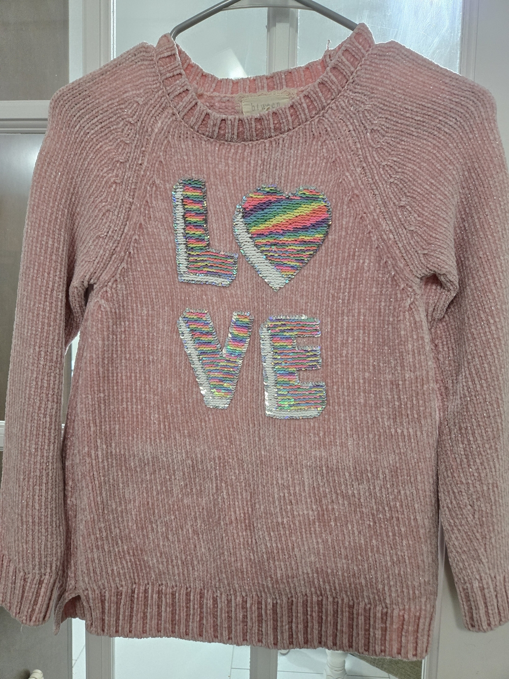 btween Pink Chenille 'LOVE' Sequin Crewneck Sweater